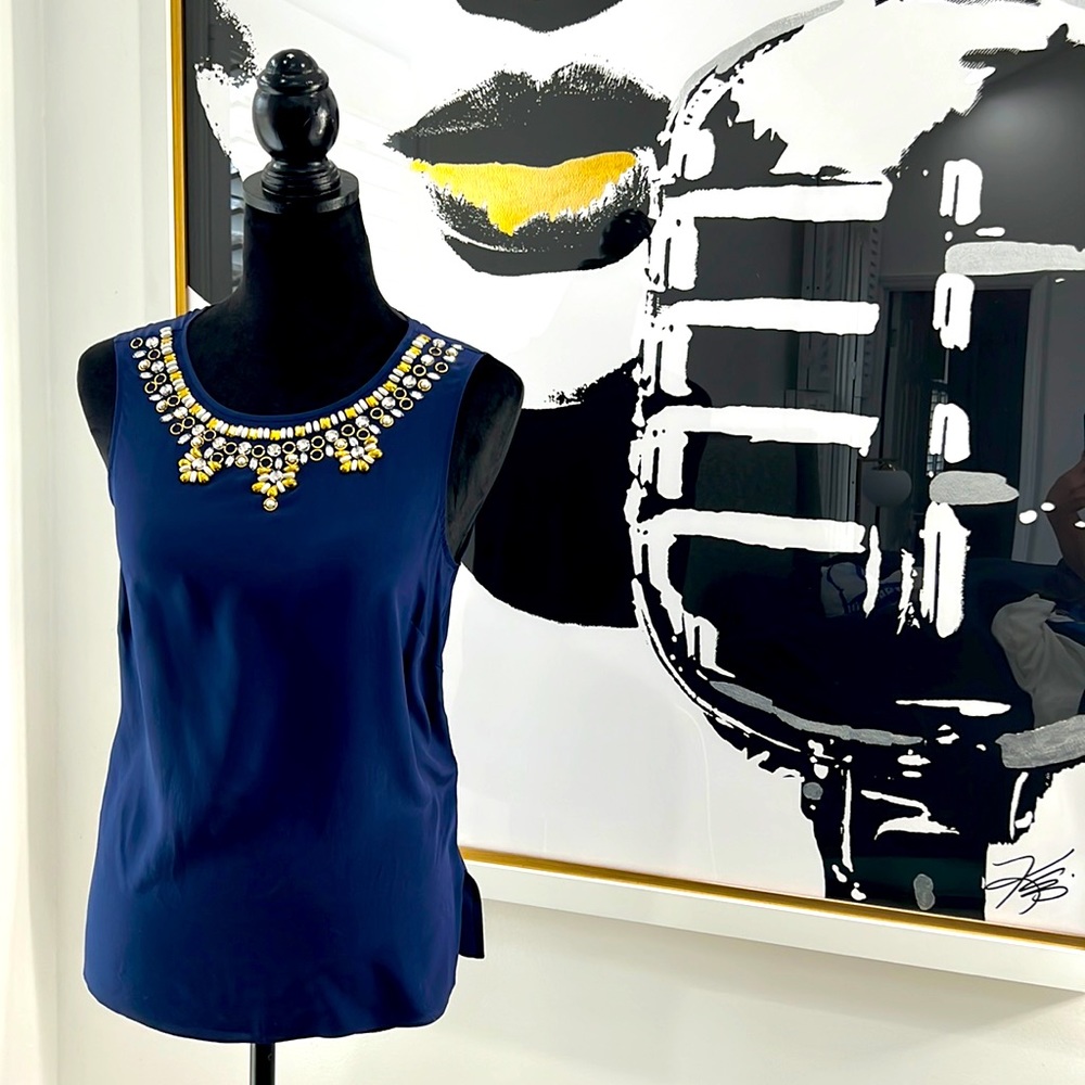 Lilly Pulitzer Sleeveless Navy Blue Blouse w/Beaded Neckline, Size S